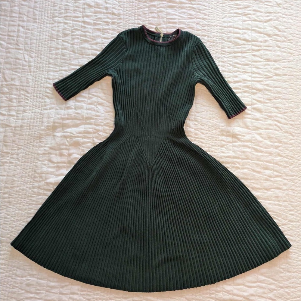 Ted Baker Dark Green Ribbed Long Sleeve Dress